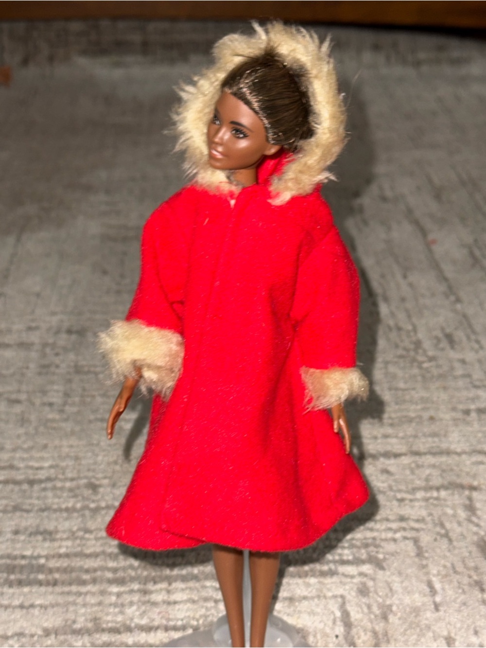 Barbie Mattel Red Parka Coat Brown Faux Fur Hood